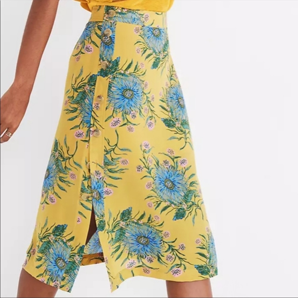 Madewell Floral Print Side Button Silk Skirt Mustard Golden Yellow 00